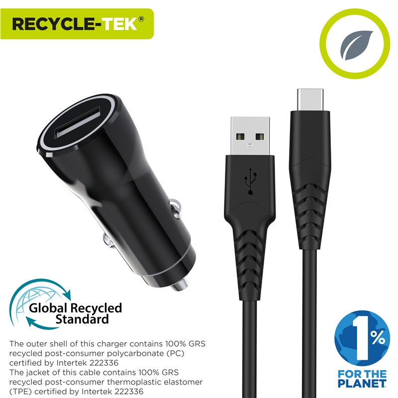 muvit for change pack cargador coche USB 15W + Cable Tipo C 3A 1,2m negro