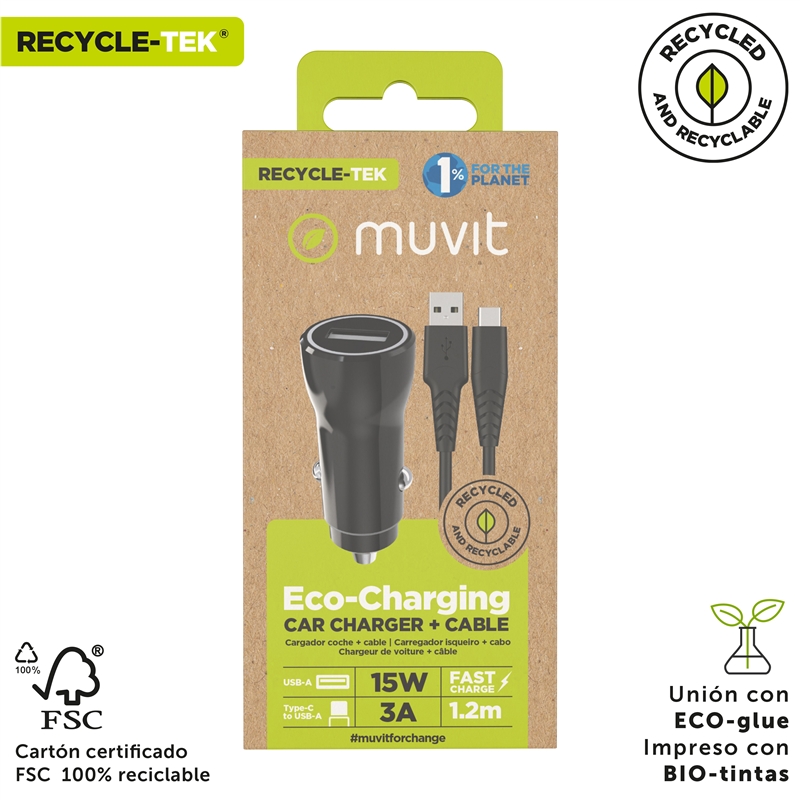 muvit for change pack cargador coche USB 15W + Cable Tipo C 3A 1,2m negro