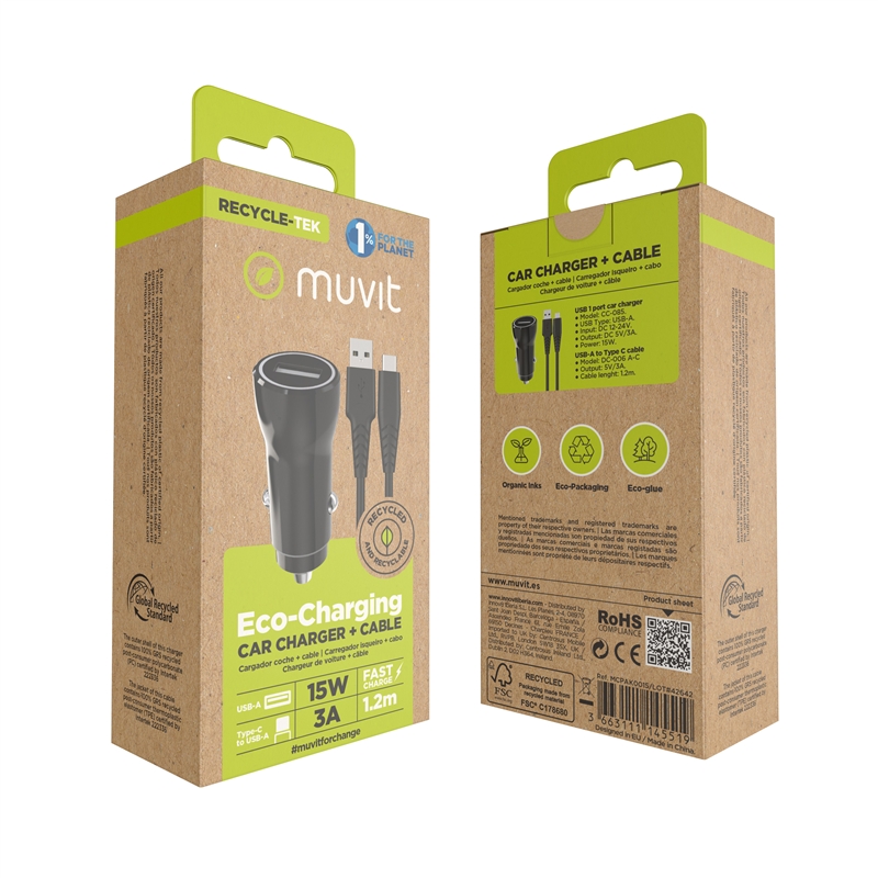 muvit for change pack cargador coche USB 15W + Cable Tipo C 3A 1,2m negro