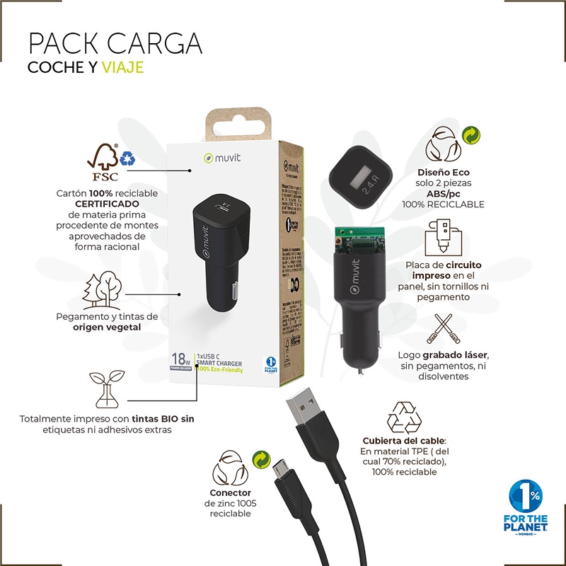 muvit for change pack cargador coche USB 2.4A 12W + cable Micro USB 2.4A 1,2m negro