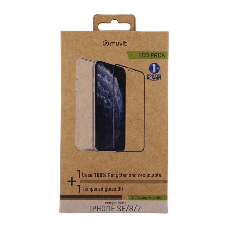 muvit for change funda recicletek compatible con Apple iPhone SE/8/7 + protector pantalla vidrio templado marco negro