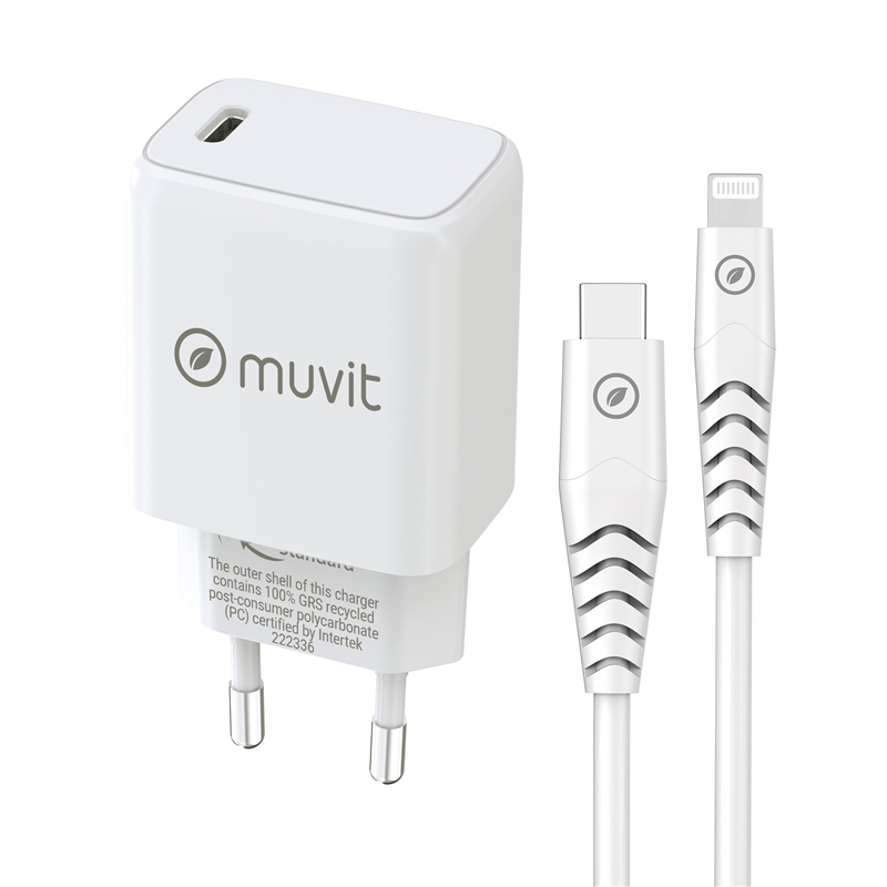 muvit for change pack cargador de pared Tipo C PD 20W + cable tipo C a lightning MFI 3A 1m blanco