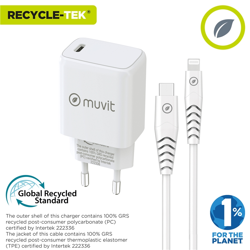 muvit for change pack cargador de pared Tipo C PD 20W + cable tipo C a lightning MFI 3A 1m blanco