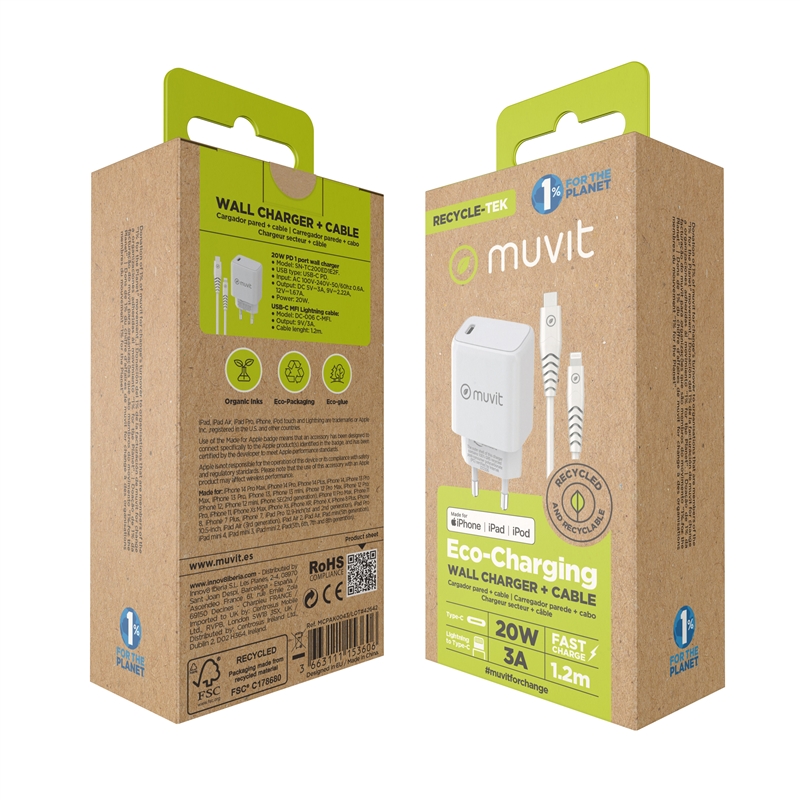 muvit for change pack cargador de pared Tipo C PD 20W + cable tipo C a lightning MFI 3A 1m blanco