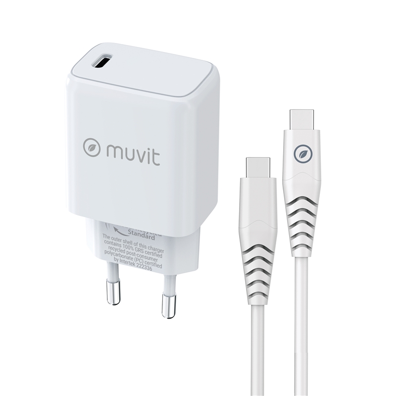 muvit for change pack cargador de pared Tipo C PD 20W + cable tipo C a tipo C 3A 1m blanco