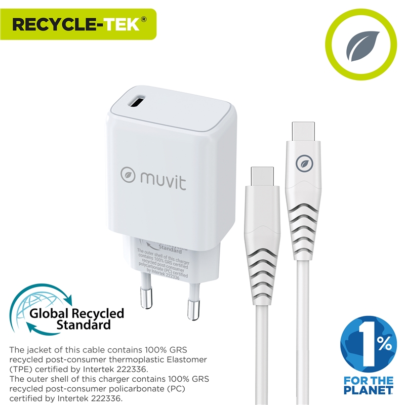 muvit for change pack cargador de pared Tipo C PD 20W + cable tipo C a tipo C 3A 1m blanco