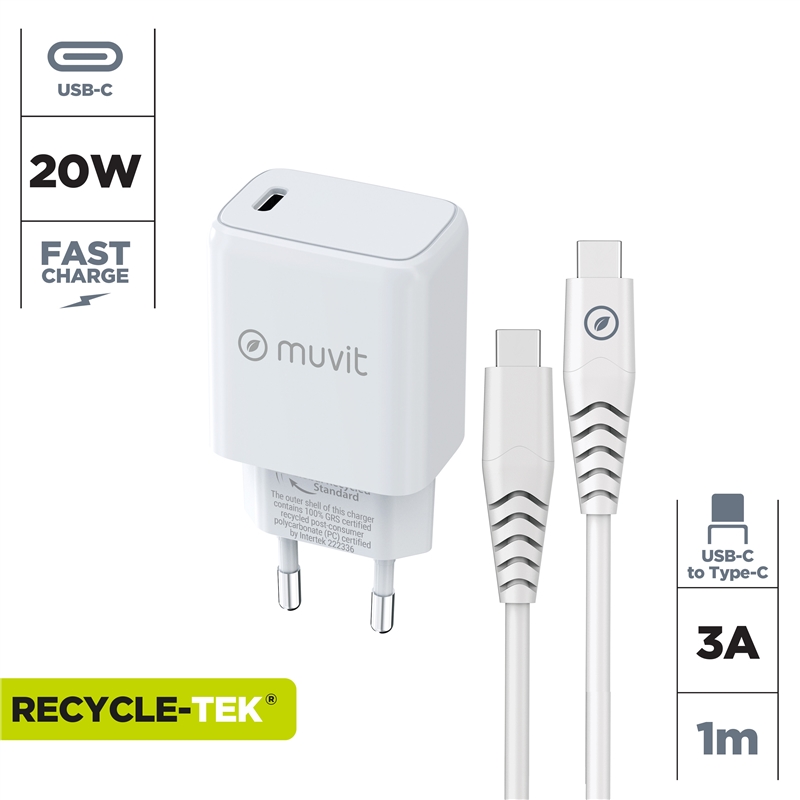 muvit for change pack cargador de pared Tipo C PD 20W + cable tipo C a tipo C 3A 1m blanco