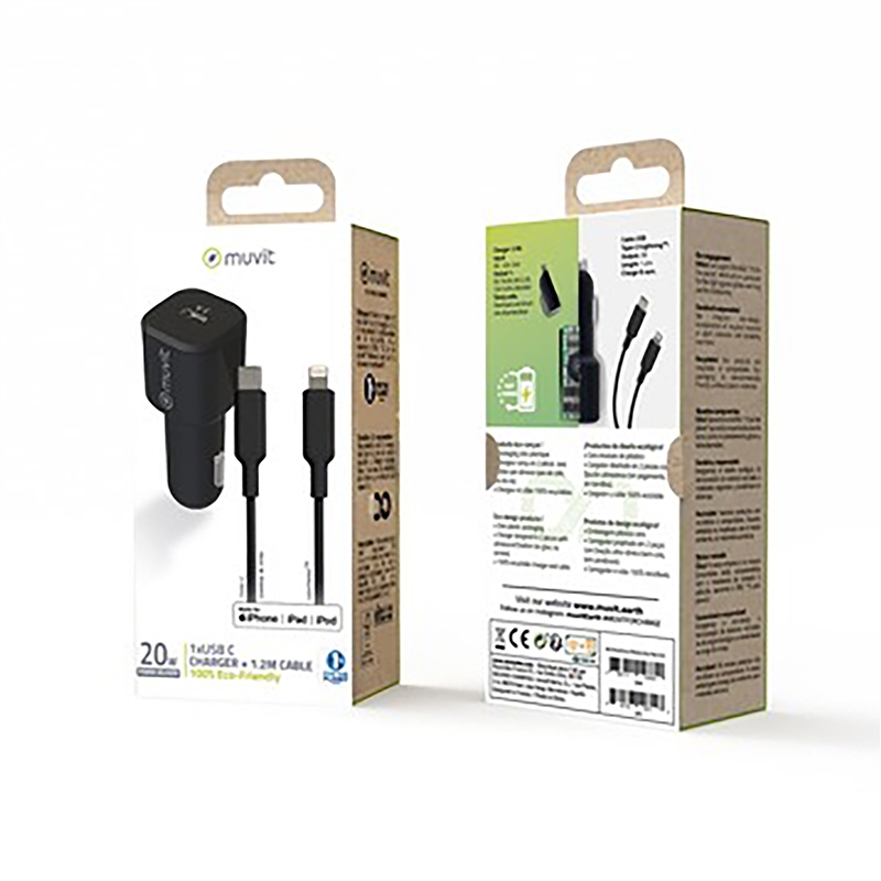 muvit for change pack cargador coche Tipo C PD 20W + cable tipo C a lightning MFI 3A 1m negro