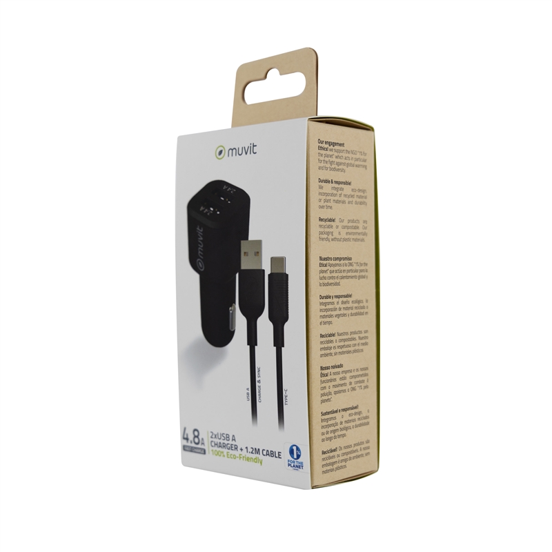 muvit for change pack cargador coche USB 2 puertos 2.4A/12W + cable 1.2m tipo C negro
