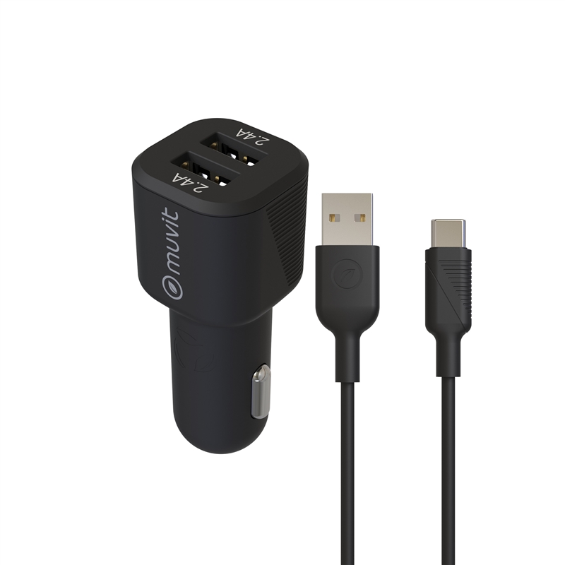 muvit for change pack cargador coche USB 2 puertos 2.4A/12W + cable 1.2m tipo C negro