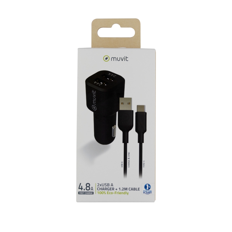 muvit for change pack cargador coche USB 2 puertos 2.4A/12W + cable 1.2m tipo C negro