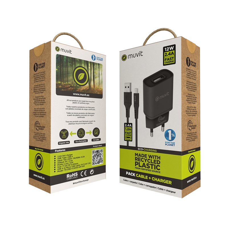 muvit for change pack cargador de pared USB 2.4A 12W + Cable Micro USB 2.4A 1,2m negro