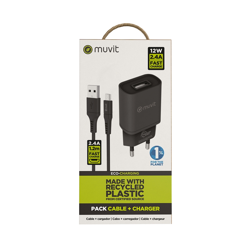 muvit for change pack cargador de pared USB 2.4A 12W + Cable Micro USB 2.4A 1,2m negro