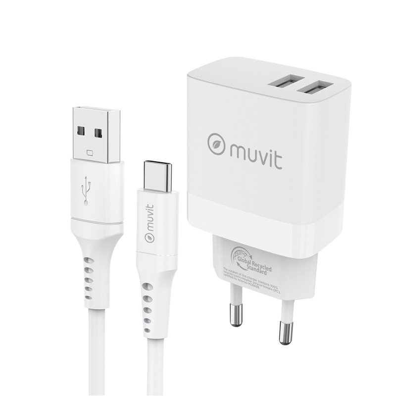 muvit for change pack cargador de pared 2 USB 3,4A/18W + Cable Tipo C 3A/60W 1,2m blanco