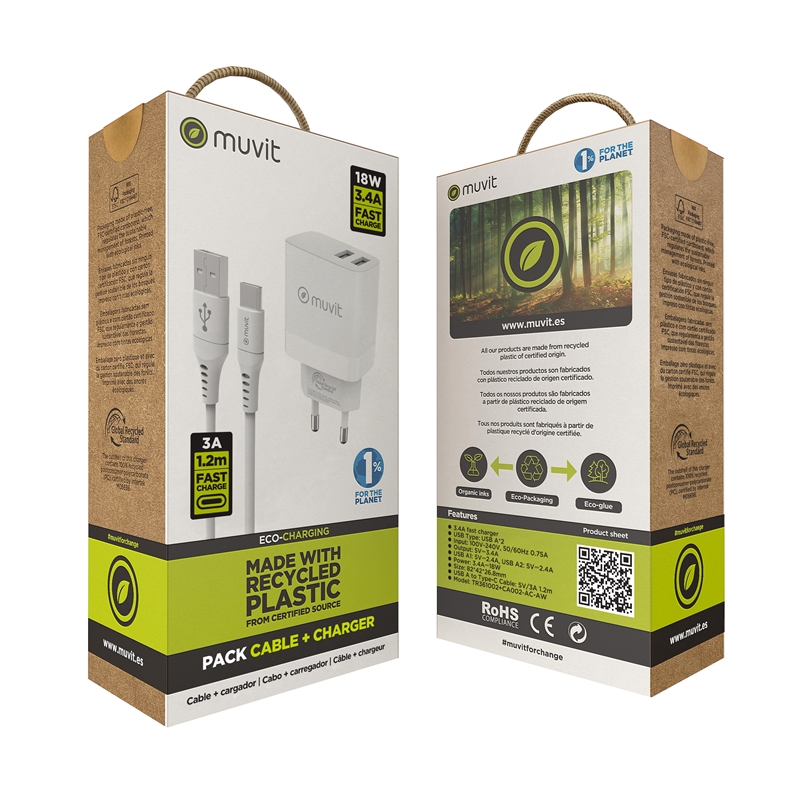 muvit for change pack cargador de pared 2 USB 3,4A/18W + Cable Tipo C 3A/60W 1,2m blanco