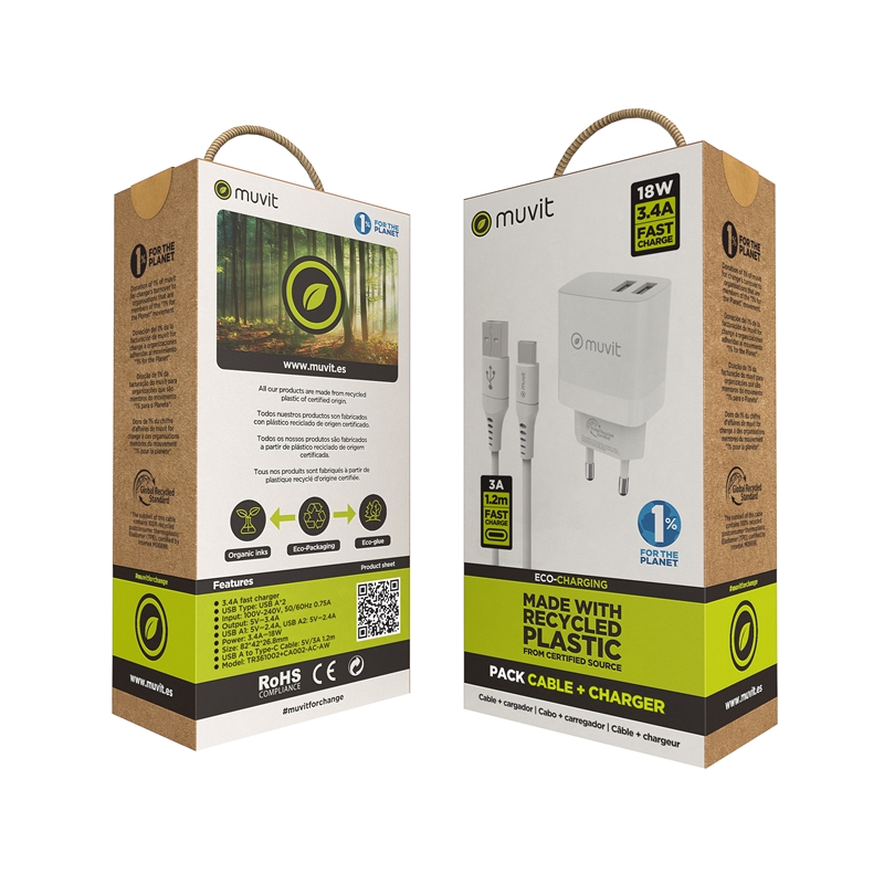 muvit for change pack cargador de pared 2 USB 3,4A/18W + Cable Tipo C 3A/60W 1,2m blanco