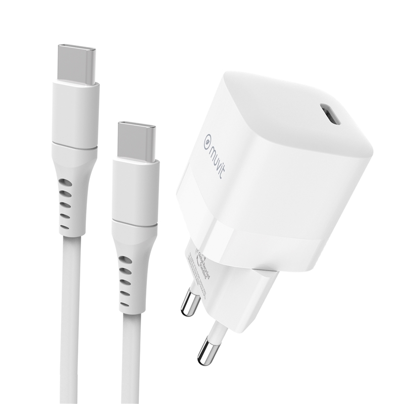muvit for change pack cargador de pared Tipo C PD 30W + cable tipo C a tipo C 3A 1,2m blanco
