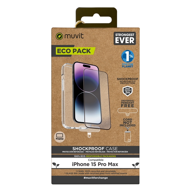muvit for change funda shockproof 2M Apple iPhone 15 Pro Max + protector de pantalla vidrio templado plano marco negro