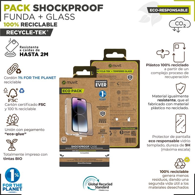 muvit for change funda shockproof 2M Apple iPhone 15 Pro Max + protector de pantalla vidrio templado plano marco negro