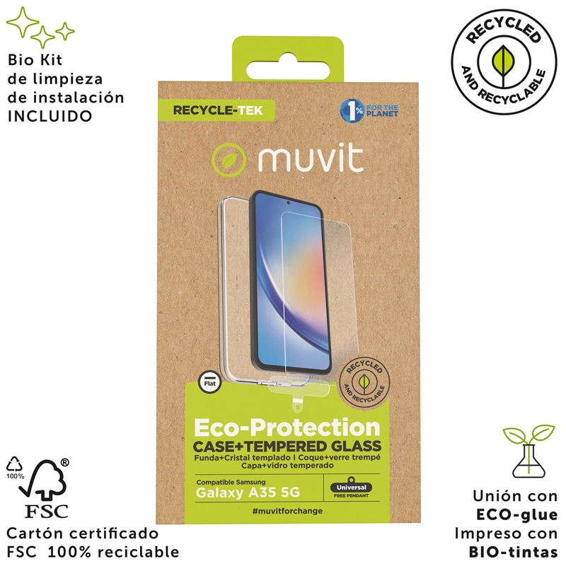 muvit for change funda compatible con Samsung Galaxy A35 5G + protector de pantalla vidrio templado plano