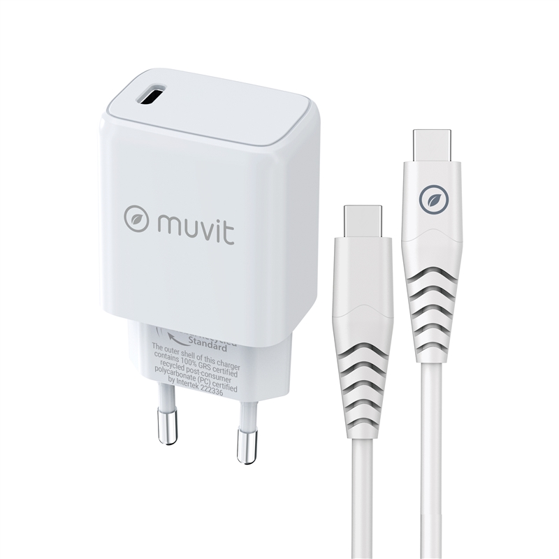 muvit for change pack cargador de pared Tipo C PD 25W + cable tipo C a tipo C 3A 1m blanco