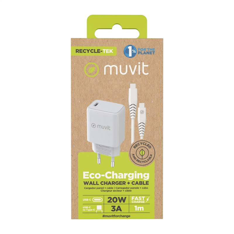 muvit for change pack cargador de pared Tipo C PD 25W + cable tipo C a tipo C 3A 1m blanco