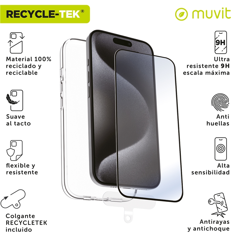 muvit for change funda compatible con Apple iPhone 16 + protector de pantalla vidrio templado plano marco negro