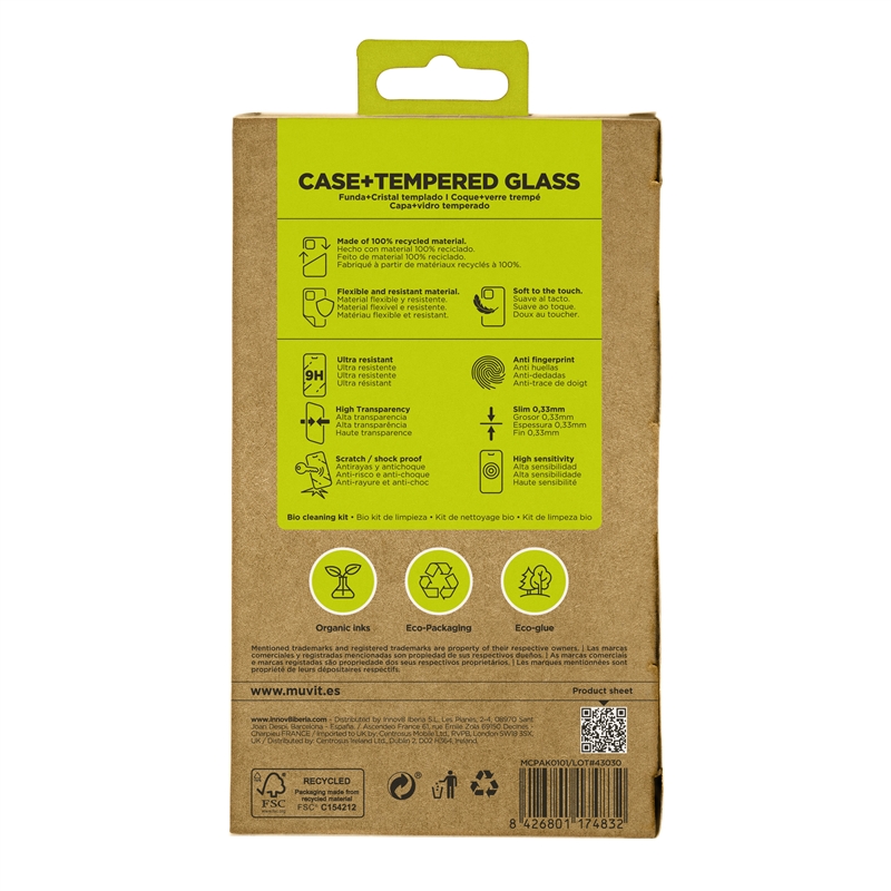 muvit for change funda compatible con Apple iPhone 16 + protector de pantalla vidrio templado plano marco negro