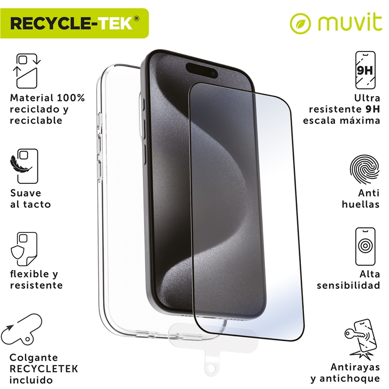 muvit for change funda compatible con Apple iPhone 16 Pro + protector de pantalla vidrio templado plano marco negro