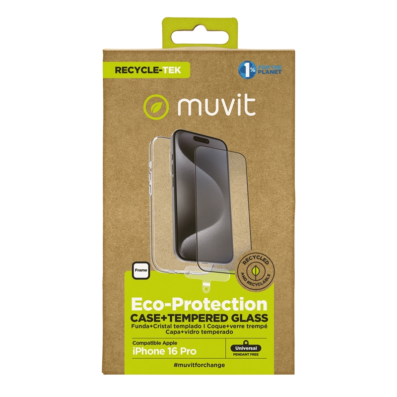 muvit for change funda compatible con Apple iPhone 16 Pro + protector de pantalla vidrio templado plano marco negro