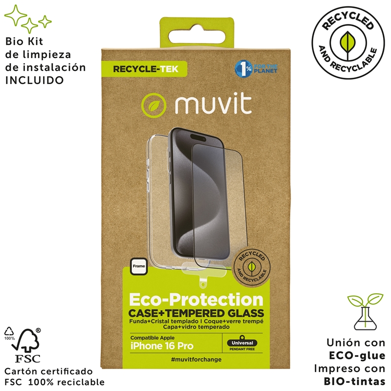 muvit for change funda compatible con Apple iPhone 16 Pro + protector de pantalla vidrio templado plano marco negro