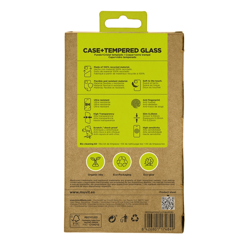 muvit for change funda compatible con Apple iPhone 16 Pro + protector de pantalla vidrio templado plano marco negro