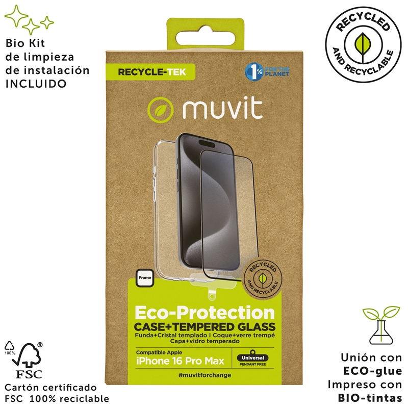 muvit for change funda compatible con Apple iPhone 16 Pro Max + protector de pantalla vidrio templado plano marco negro
