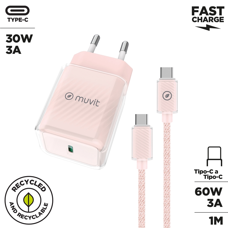 muvit for change pack cargador de pared Glass GaN Tipo C PD 30W + Cable C a C 1m 3A rosa