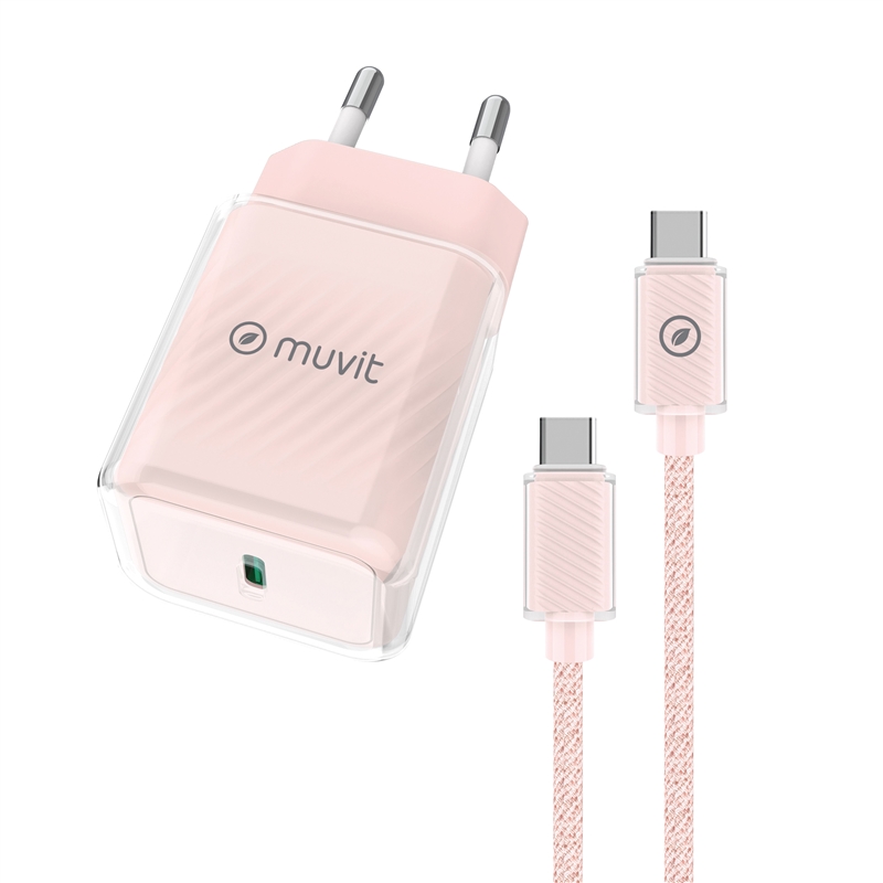 muvit for change pack cargador de pared Glass GaN Tipo C PD 30W + Cable C a C 1m 3A rosa