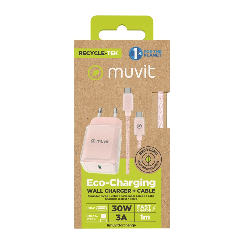muvit for change pack cargador de pared Glass GaN Tipo C PD 30W + Cable C a C 1m 3A rosa