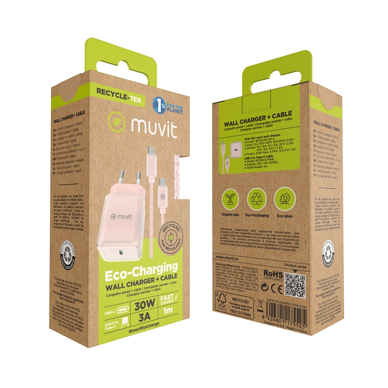 muvit for change pack cargador de pared Glass GaN Tipo C PD 30W + Cable C a C 1m 3A rosa