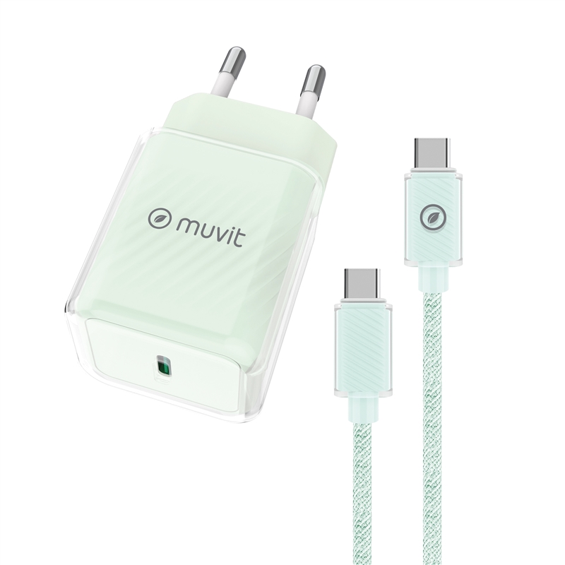 muvit for change pack cargador de pared Glass GaN Tipo C PD 30W + Cable C a C 1m 3A verde