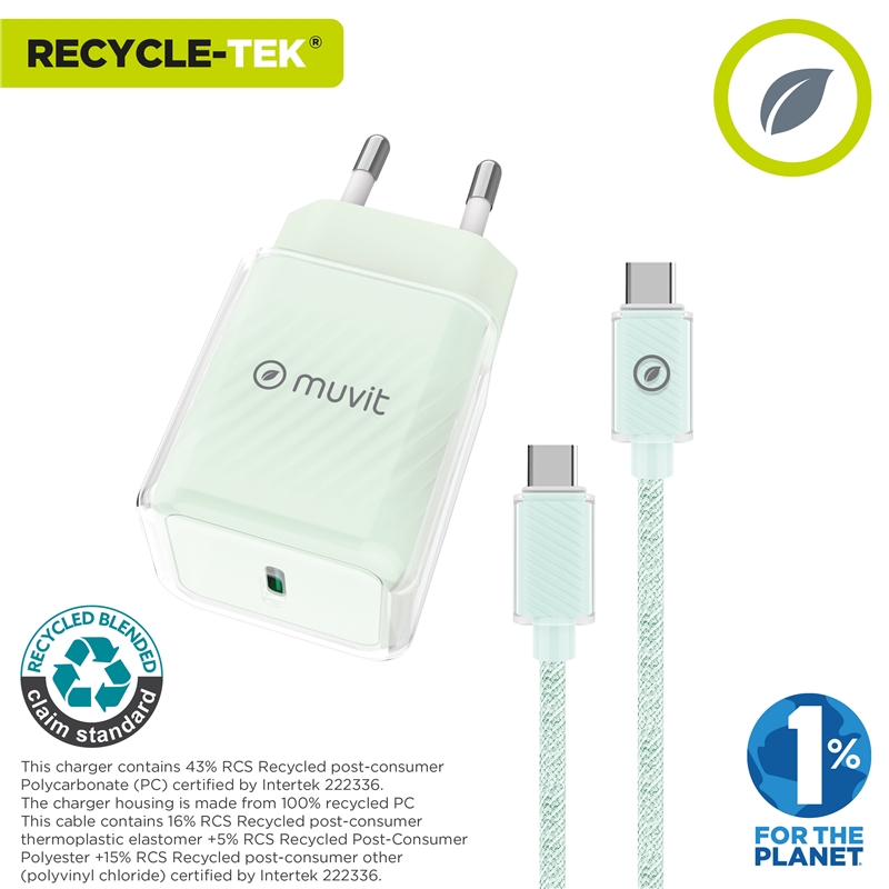 muvit for change pack cargador de pared Glass GaN Tipo C PD 30W + Cable C a C 1m 3A verde