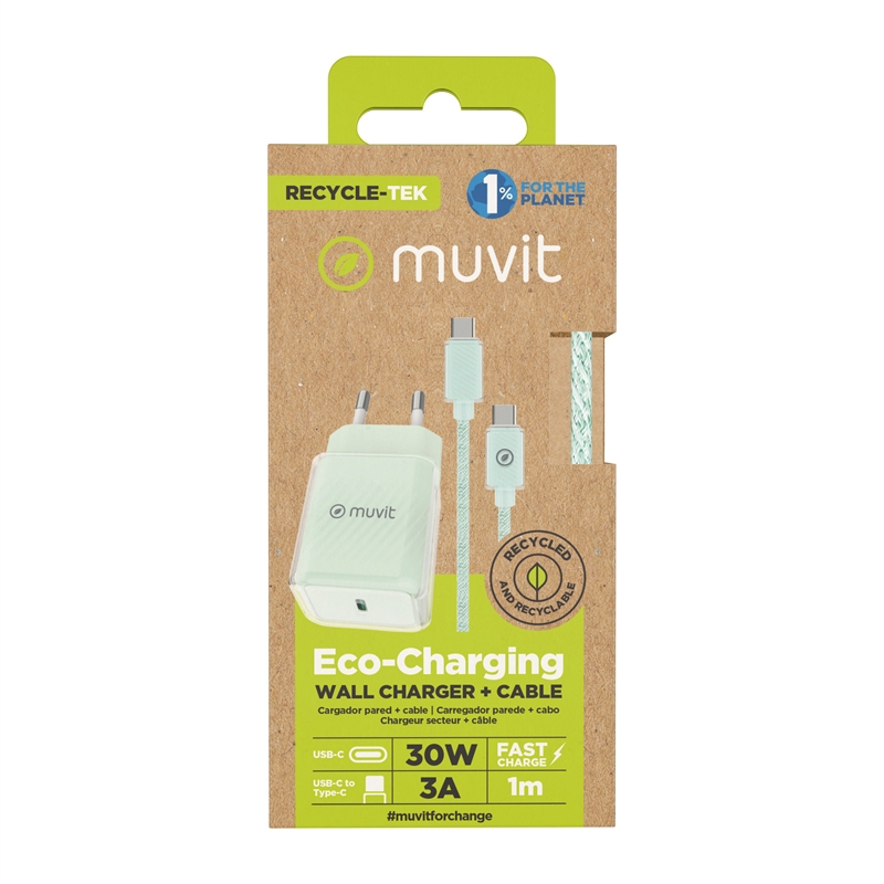 muvit for change pack cargador de pared Glass GaN Tipo C PD 30W + Cable C a C 1m 3A verde
