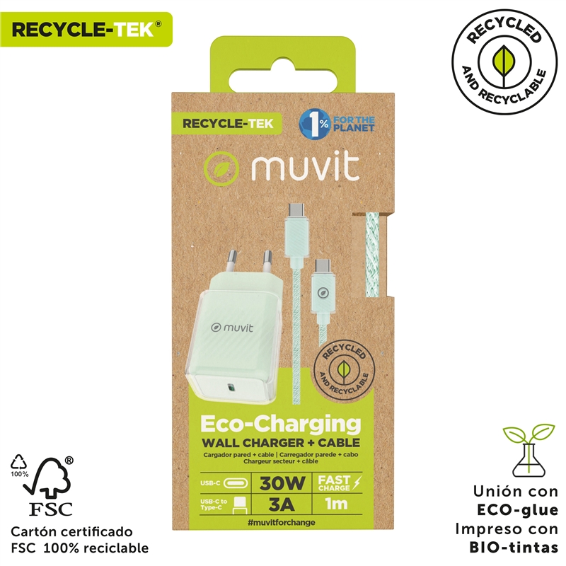 muvit for change pack cargador de pared Glass GaN Tipo C PD 30W + Cable C a C 1m 3A verde