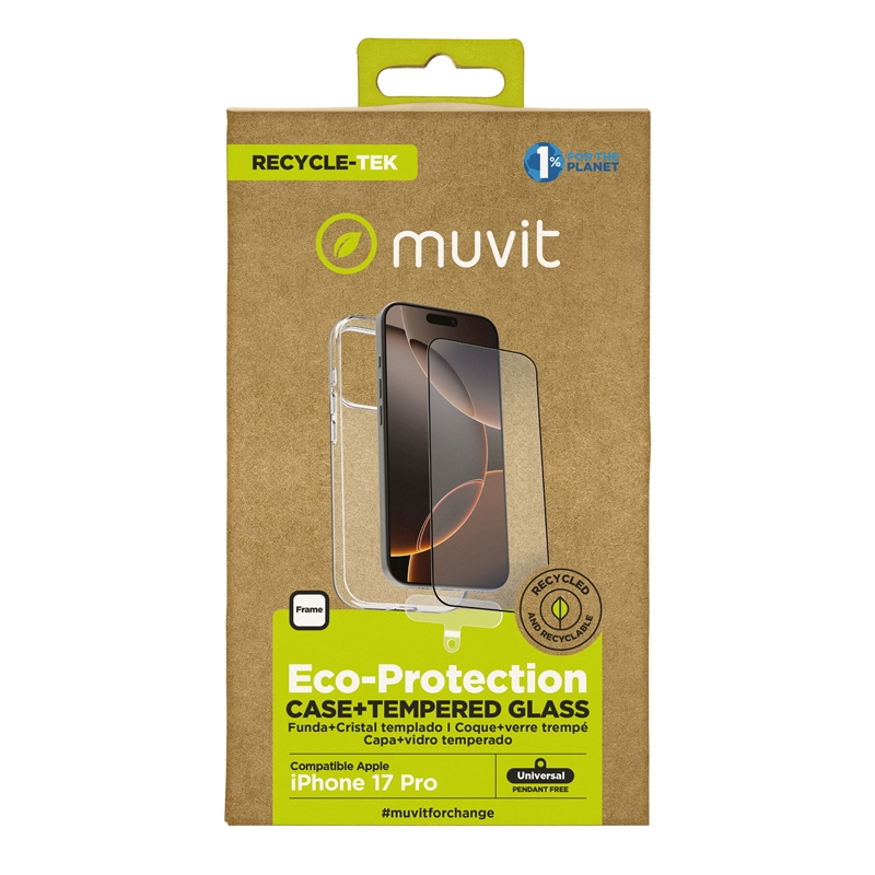 muvit for change funda compatible con Apple iPhone 17 Pro + protector de pantalla vidrio templado plano marco negro