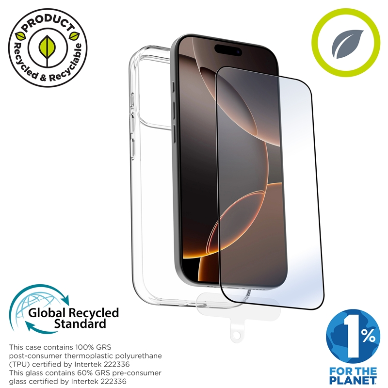 muvit for change funda compatible con Apple iPhone 17 Pro + protector de pantalla vidrio templado plano marco negro