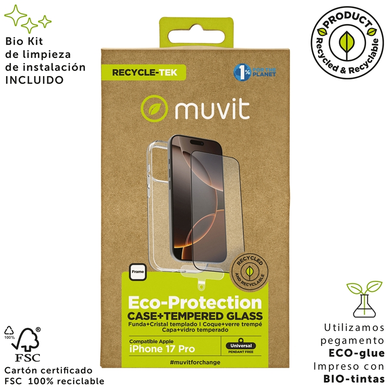 muvit for change funda compatible con Apple iPhone 17 Pro + protector de pantalla vidrio templado plano marco negro