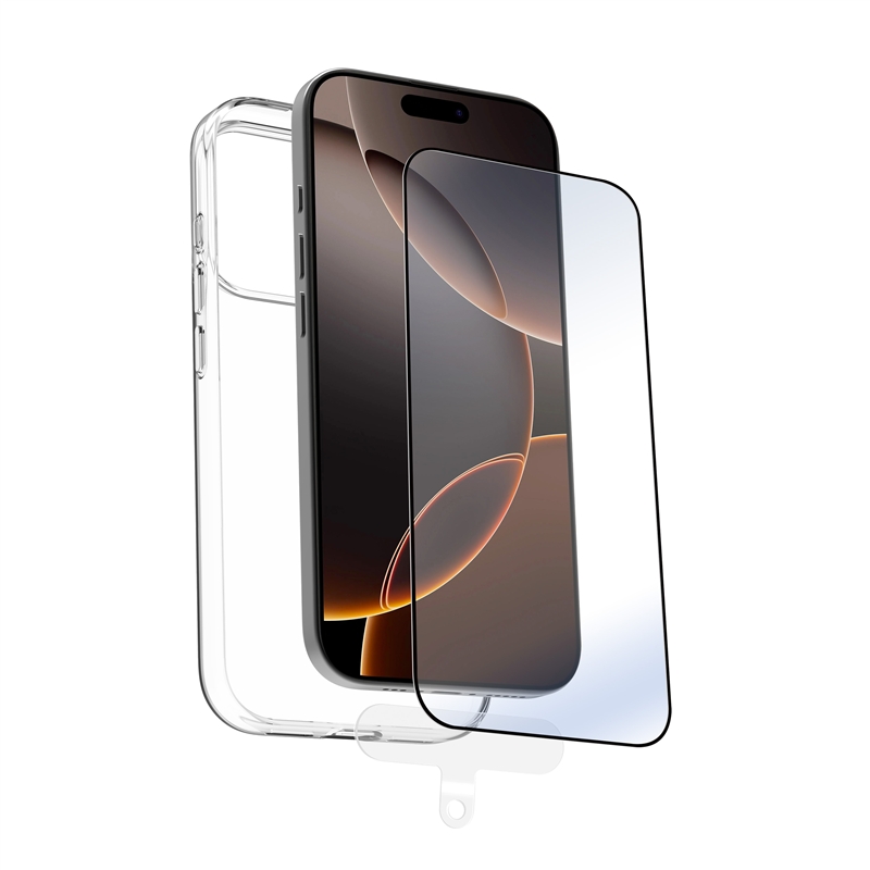 muvit for change funda compatible con Apple iPhone 17 Pro + protector de pantalla vidrio templado plano marco negro