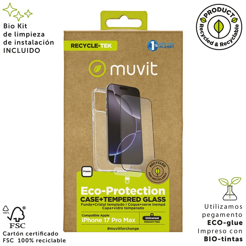 muvit for change funda compatible con Apple iPhone 17 Pro Max + protector de pantalla vidrio templado plano marco negro