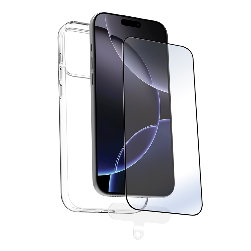 muvit for change funda compatible con Apple iPhone 17 Pro Max + protector de pantalla vidrio templado plano marco negro