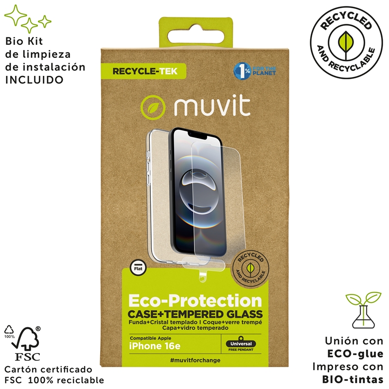 muvit for change funda compatible con Apple iPhone 16e + protector de pantalla vidrio templado plano