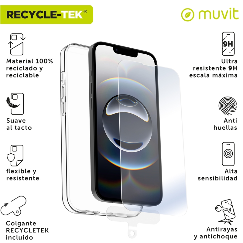muvit for change funda compatible con Apple iPhone 16e + protector de pantalla vidrio templado plano