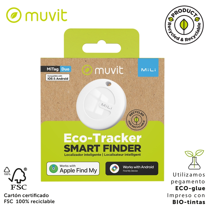 muvit for change by MiLi Localizador compatible con Apple Find My y Google Find My Device blanco